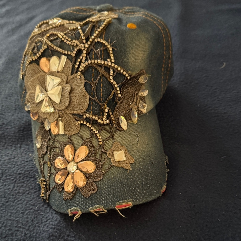 Embellished Denim Floral Baseball Cap - Dark Blue